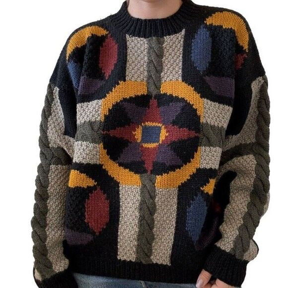 Vintage 1990s Hand Knit 100% Wool Geometric Oversized Chunky Crewneck Sweater - Picture 4 of 7